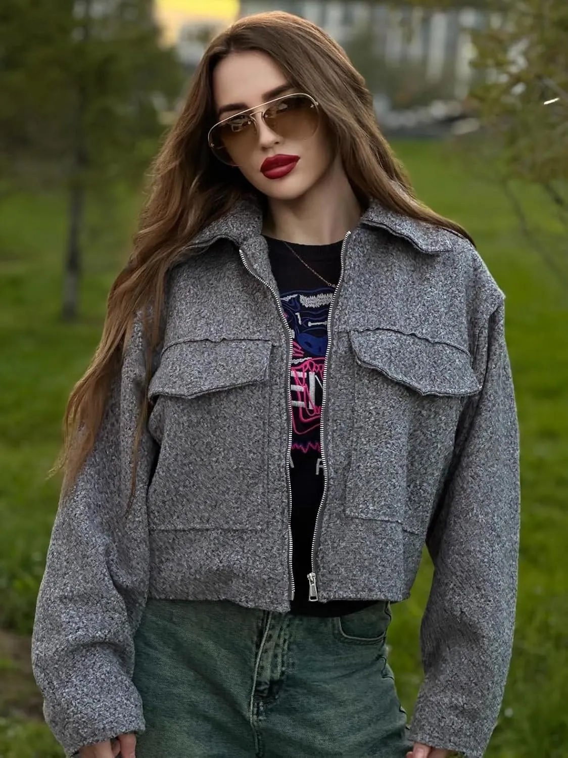 hathne Women's Wool Coat Casual Copped Bomber Jacket Zip Up Fall Shacket Coat Outerwear with Pockets