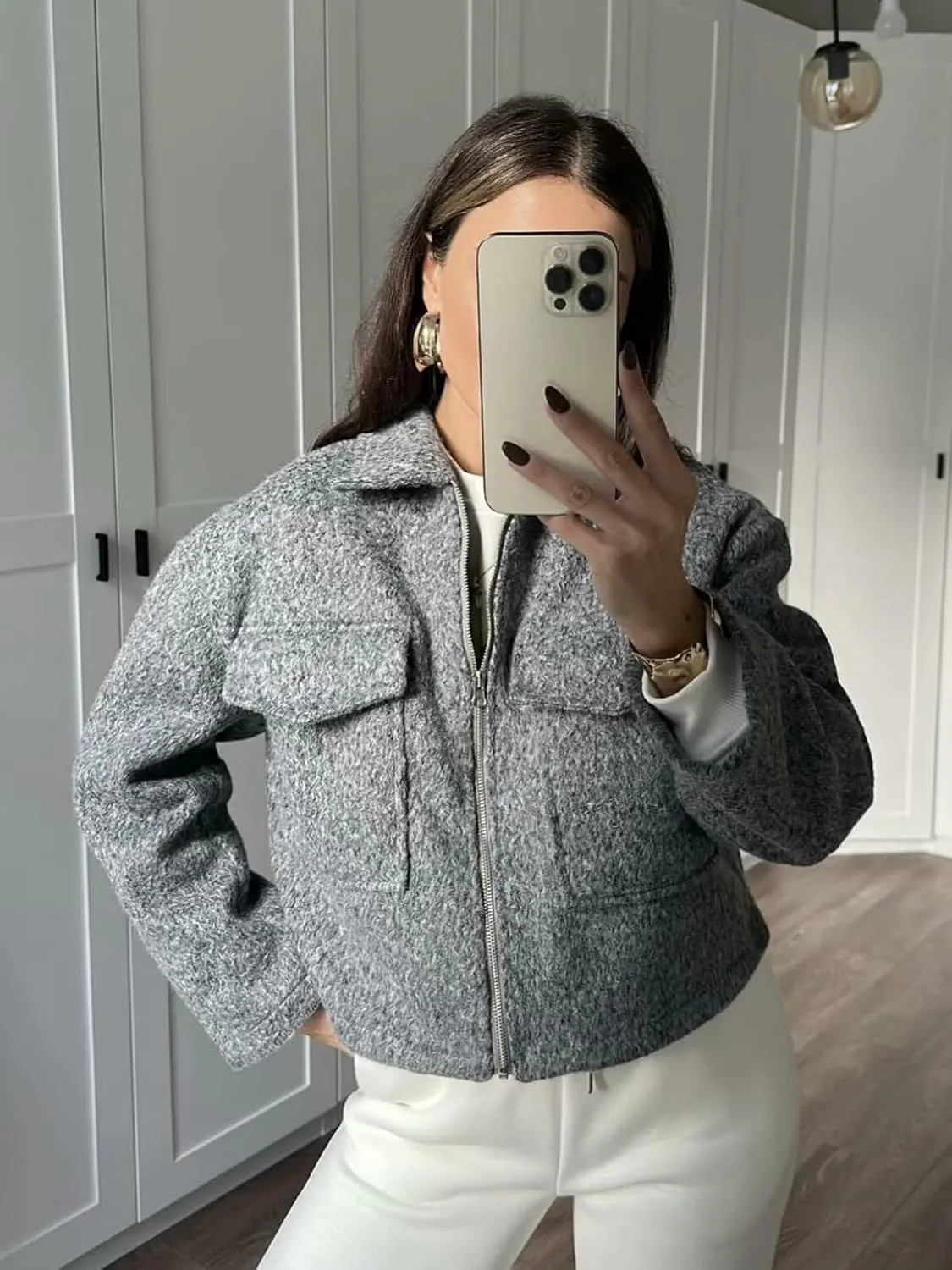 hathne Women's Wool Coat Casual Copped Bomber Jacket Zip Up Fall Shacket Coat Outerwear with Pockets