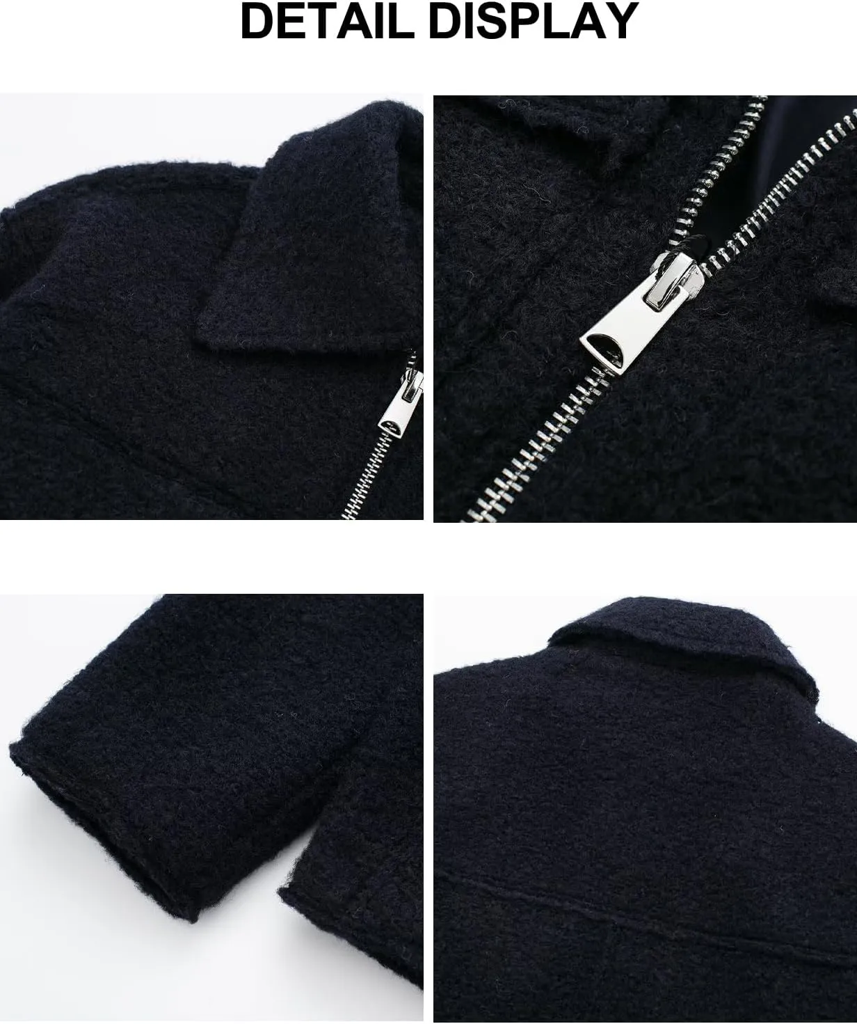 hathne Women's Wool Coat Casual Copped Bomber Jacket Zip Up Fall Shacket Coat Outerwear with Pockets