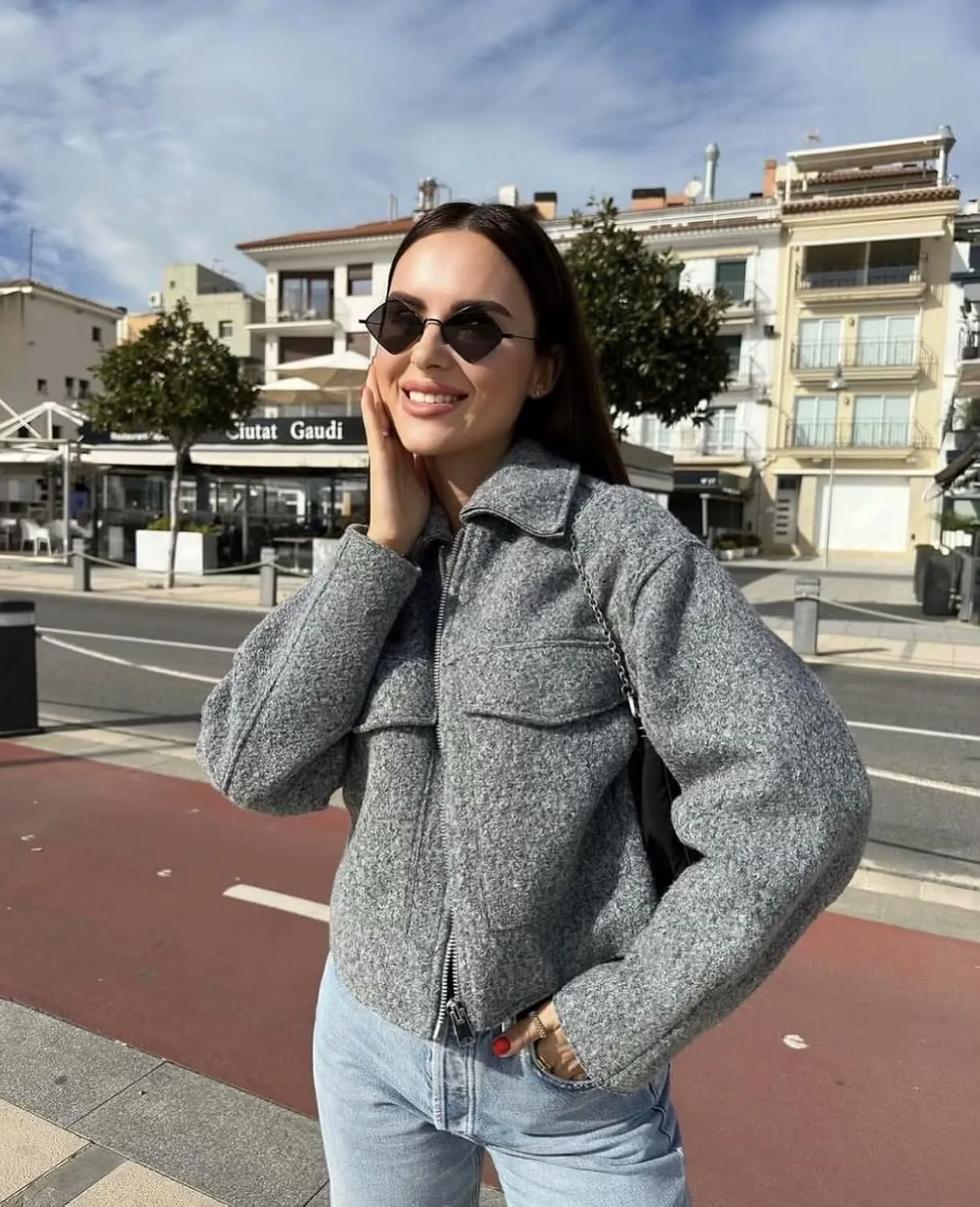 hathne Women's Wool Coat Casual Copped Bomber Jacket Zip Up Fall Shacket Coat Outerwear with Pockets