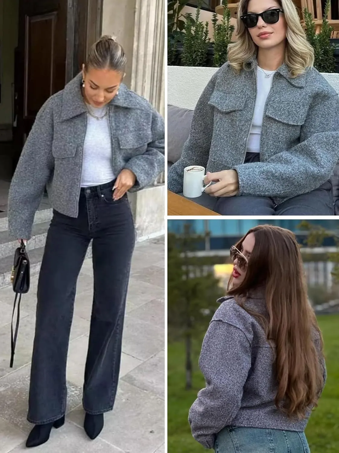 hathne Women's Wool Coat Casual Copped Bomber Jacket Zip Up Fall Shacket Coat Outerwear with Pockets