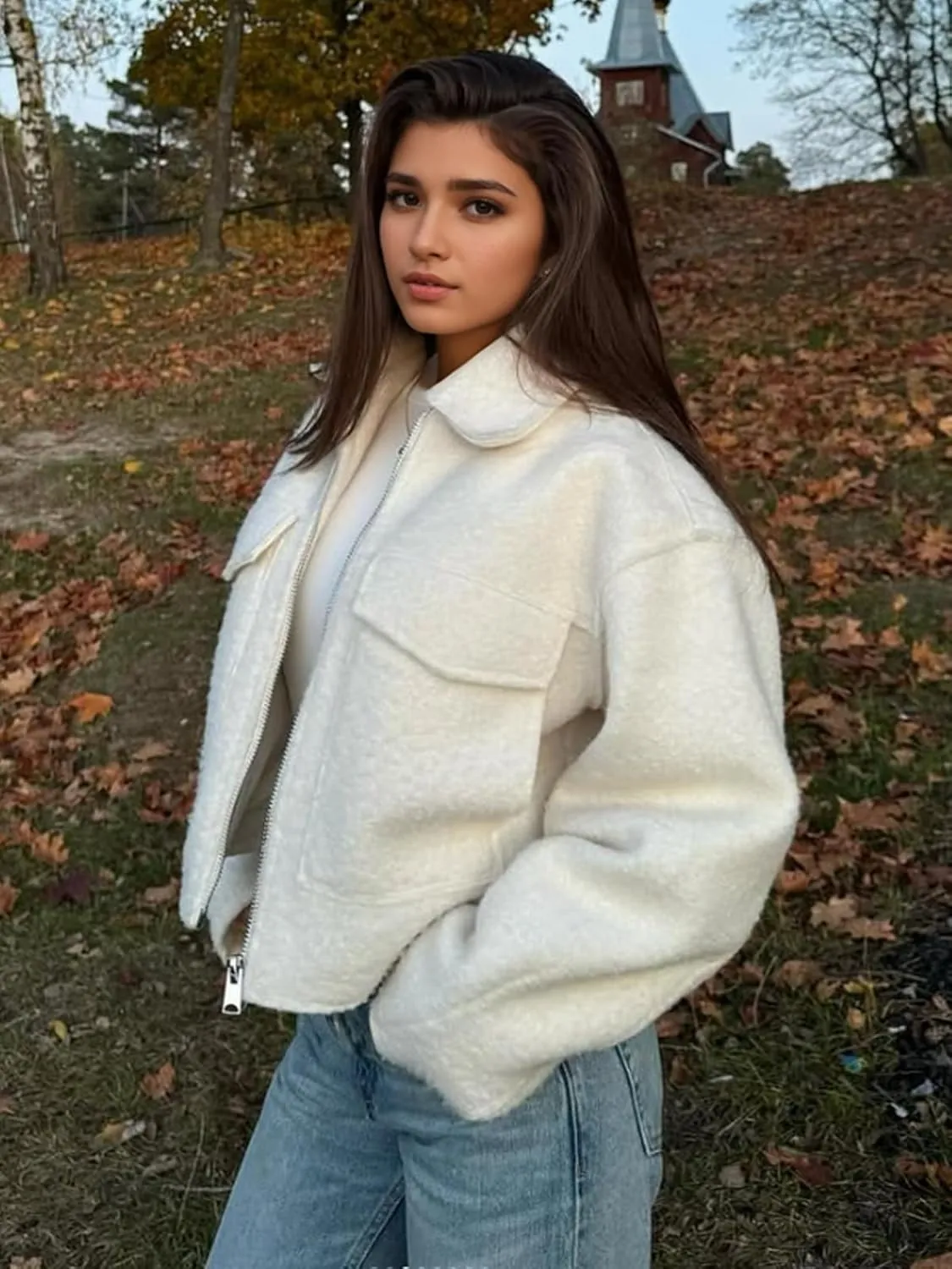 hathne Women's Wool Coat Casual Copped Bomber Jacket Zip Up Fall Shacket Coat Outerwear with Pockets