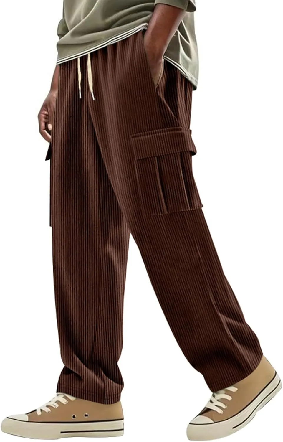 Heavyweight Corduroy Cargo Pants for Men Elastic Waisted Stretch Casual Sweatpants Wide Straight Leg Joggers with Pockets