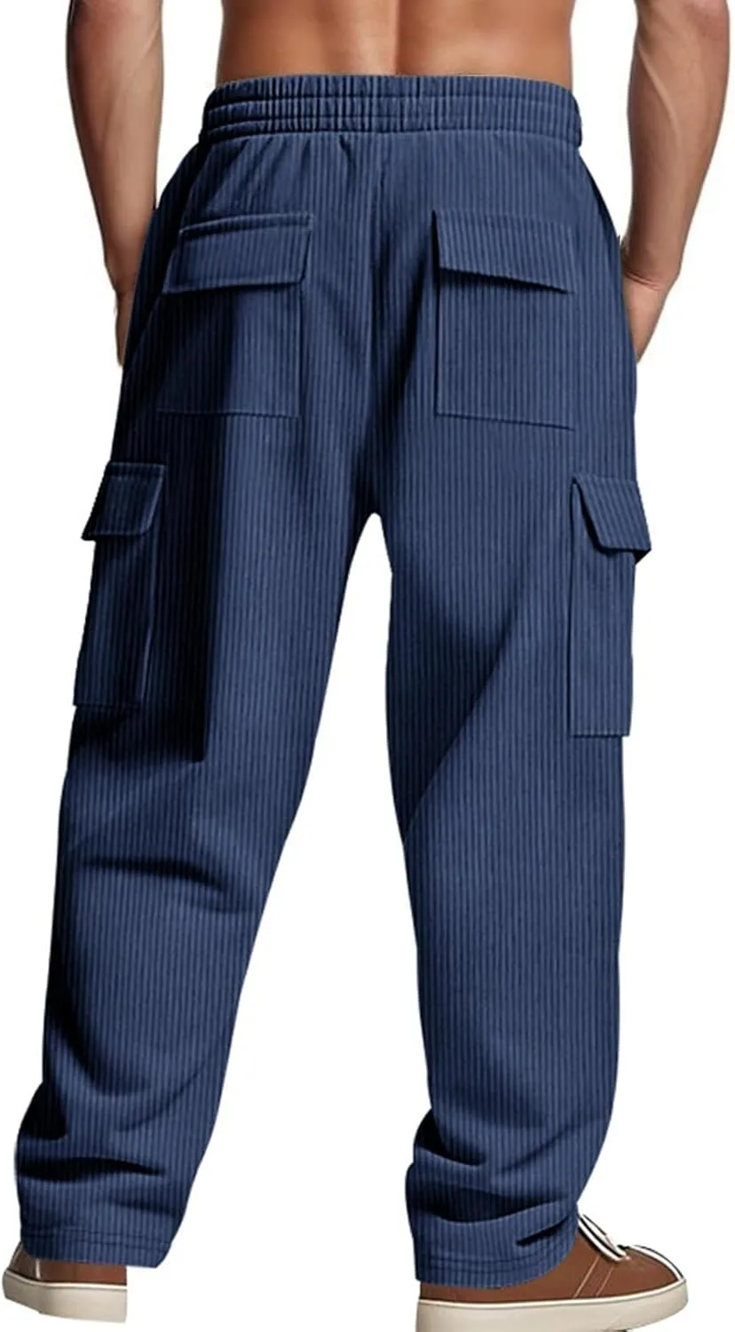 Heavyweight Corduroy Cargo Pants for Men Elastic Waisted Stretch Casual Sweatpants Wide Straight Leg Joggers with Pockets