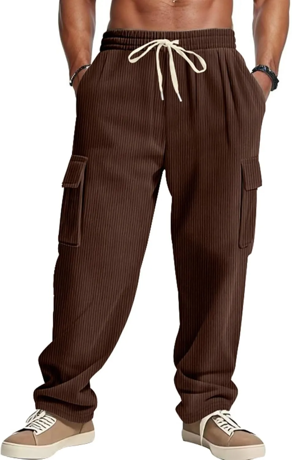 Heavyweight Corduroy Cargo Pants for Men Elastic Waisted Stretch Casual Sweatpants Wide Straight Leg Joggers with Pockets