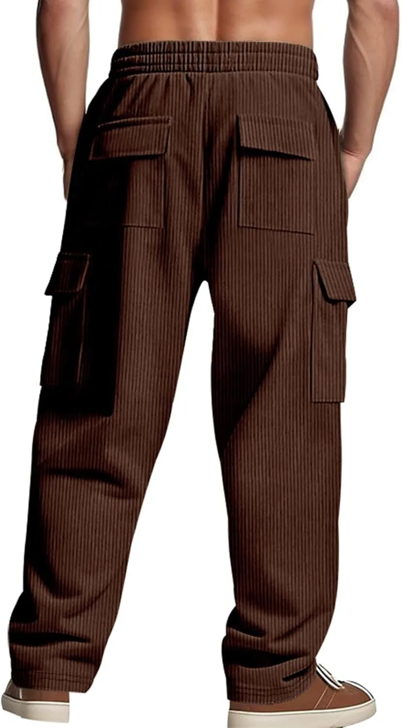 Heavyweight Corduroy Cargo Pants for Men Elastic Waisted Stretch Casual Sweatpants Wide Straight Leg Joggers with Pockets