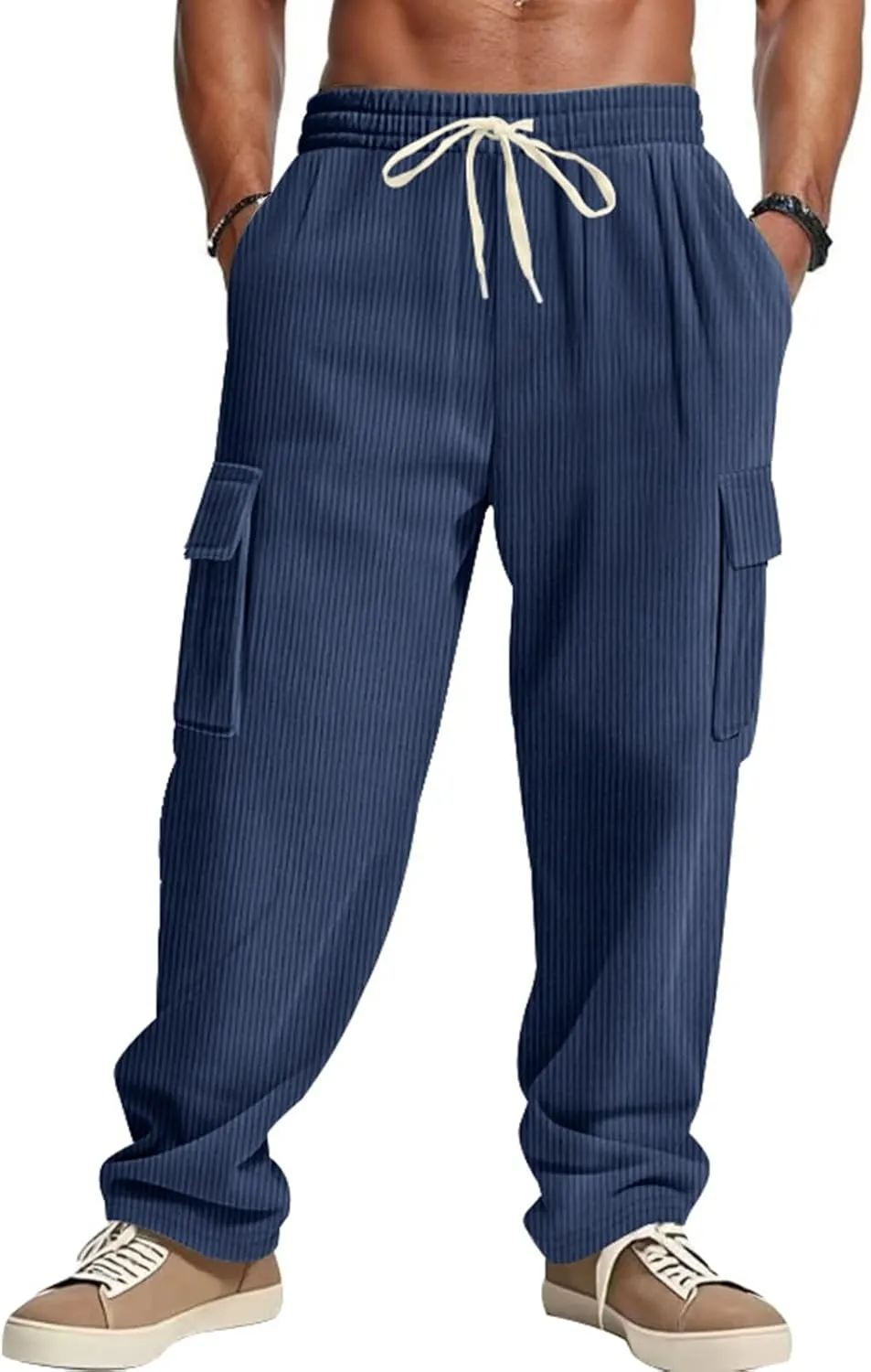 Heavyweight Corduroy Cargo Pants for Men Elastic Waisted Stretch Casual Sweatpants Wide Straight Leg Joggers with Pockets