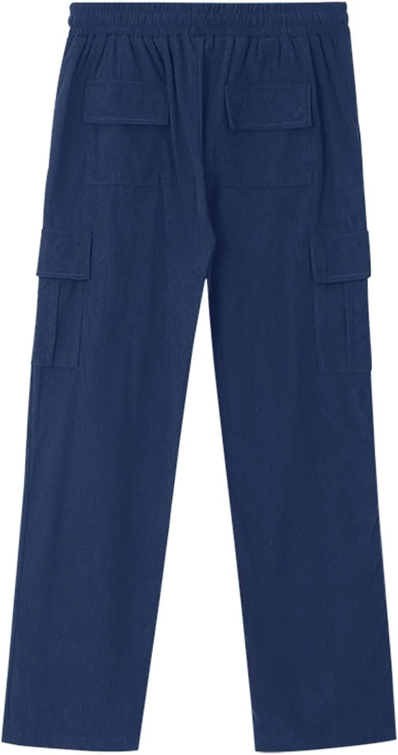 Heavyweight Corduroy Cargo Pants for Men Elastic Waisted Stretch Casual Sweatpants Wide Straight Leg Joggers with Pockets