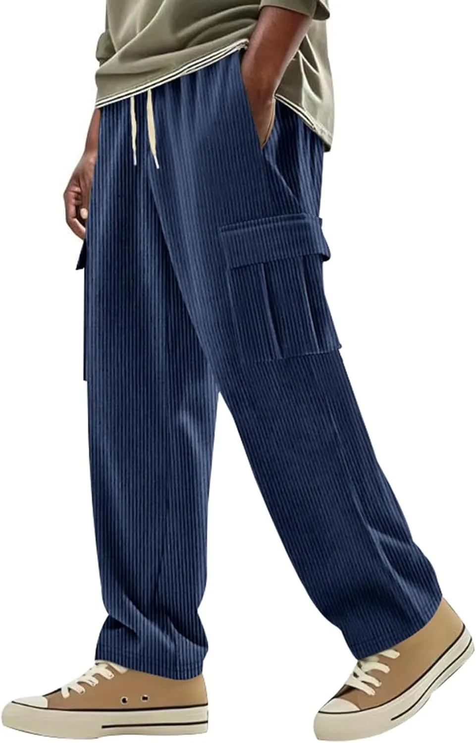 Heavyweight Corduroy Cargo Pants for Men Elastic Waisted Stretch Casual Sweatpants Wide Straight Leg Joggers with Pockets
