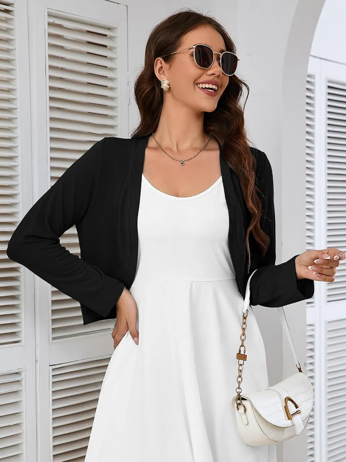 Heymoments Women's Long Sleeve Thin Kintted Shrugs Sweaters Lightweight Cropped Tops Open Front Cardigan for Dress