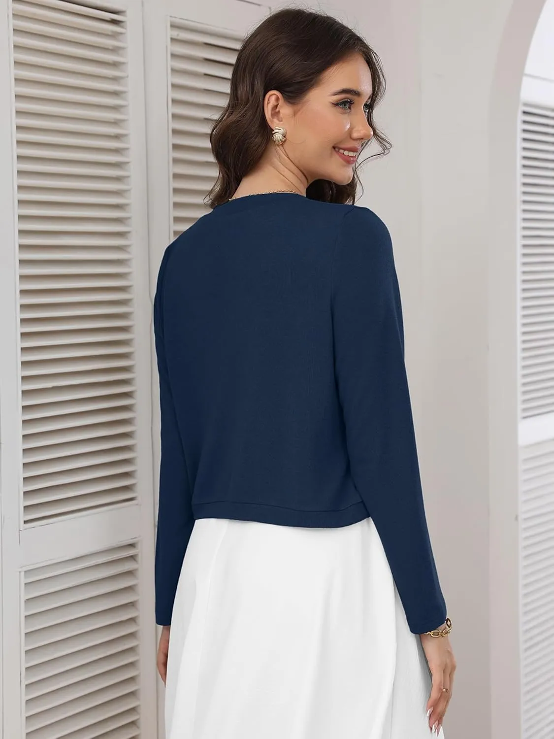 Heymoments Women's Long Sleeve Thin Kintted Shrugs Sweaters Lightweight Cropped Tops Open Front Cardigan for Dress
