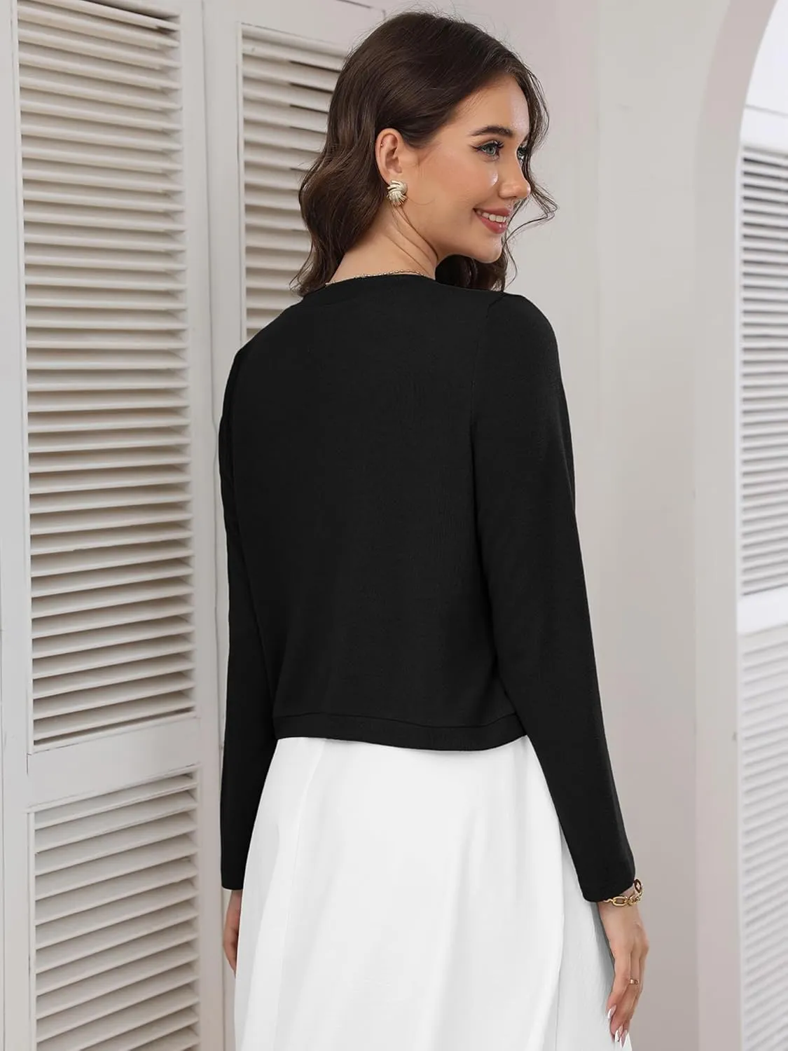 Heymoments Women's Long Sleeve Thin Kintted Shrugs Sweaters Lightweight Cropped Tops Open Front Cardigan for Dress