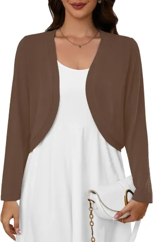 Heymoments Women's Long Sleeve Thin Kintted Shrugs Sweaters Lightweight Cropped Tops Open Front Cardigan for Dress