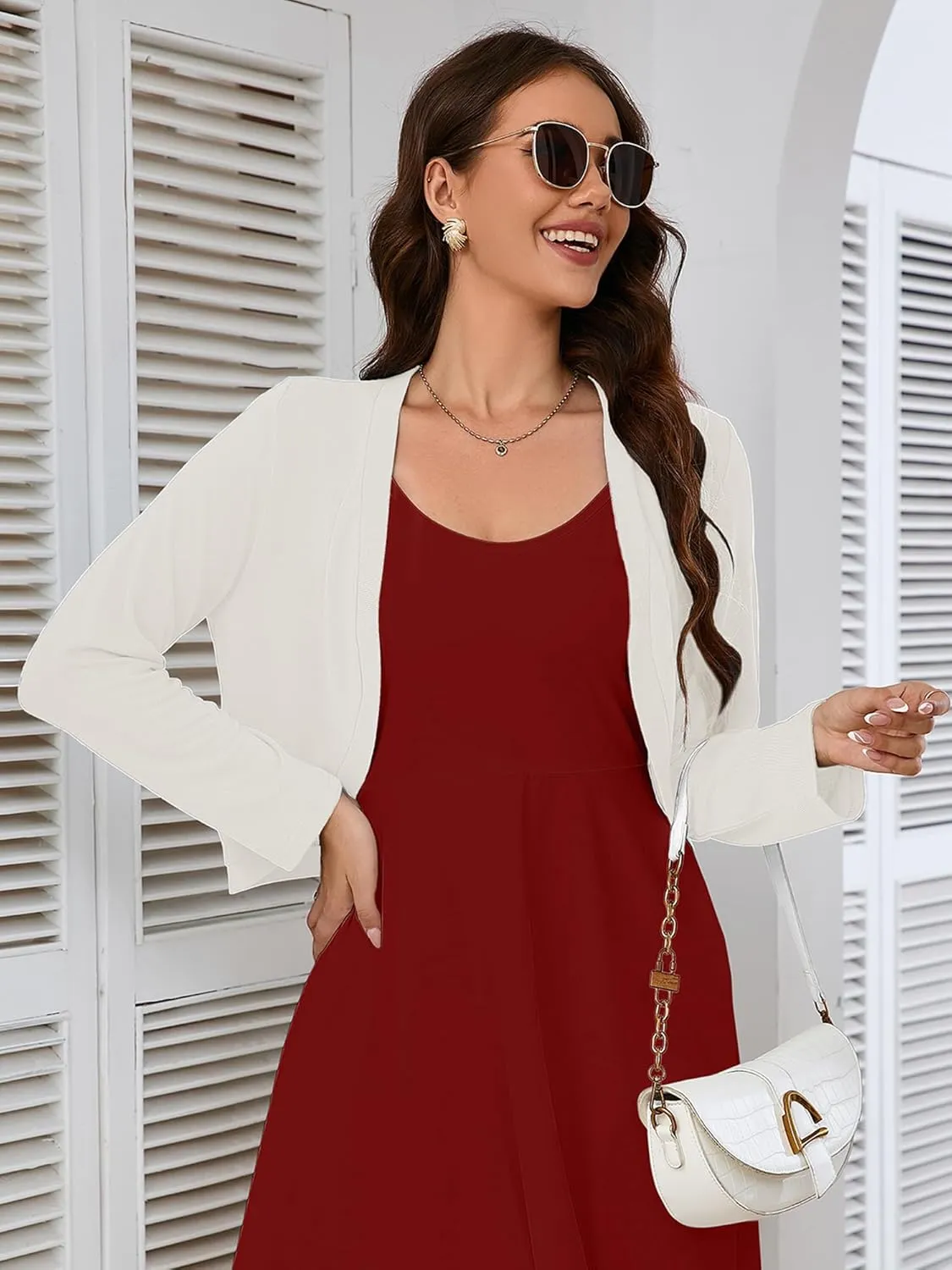 Heymoments Women's Long Sleeve Thin Kintted Shrugs Sweaters Lightweight Cropped Tops Open Front Cardigan for Dress