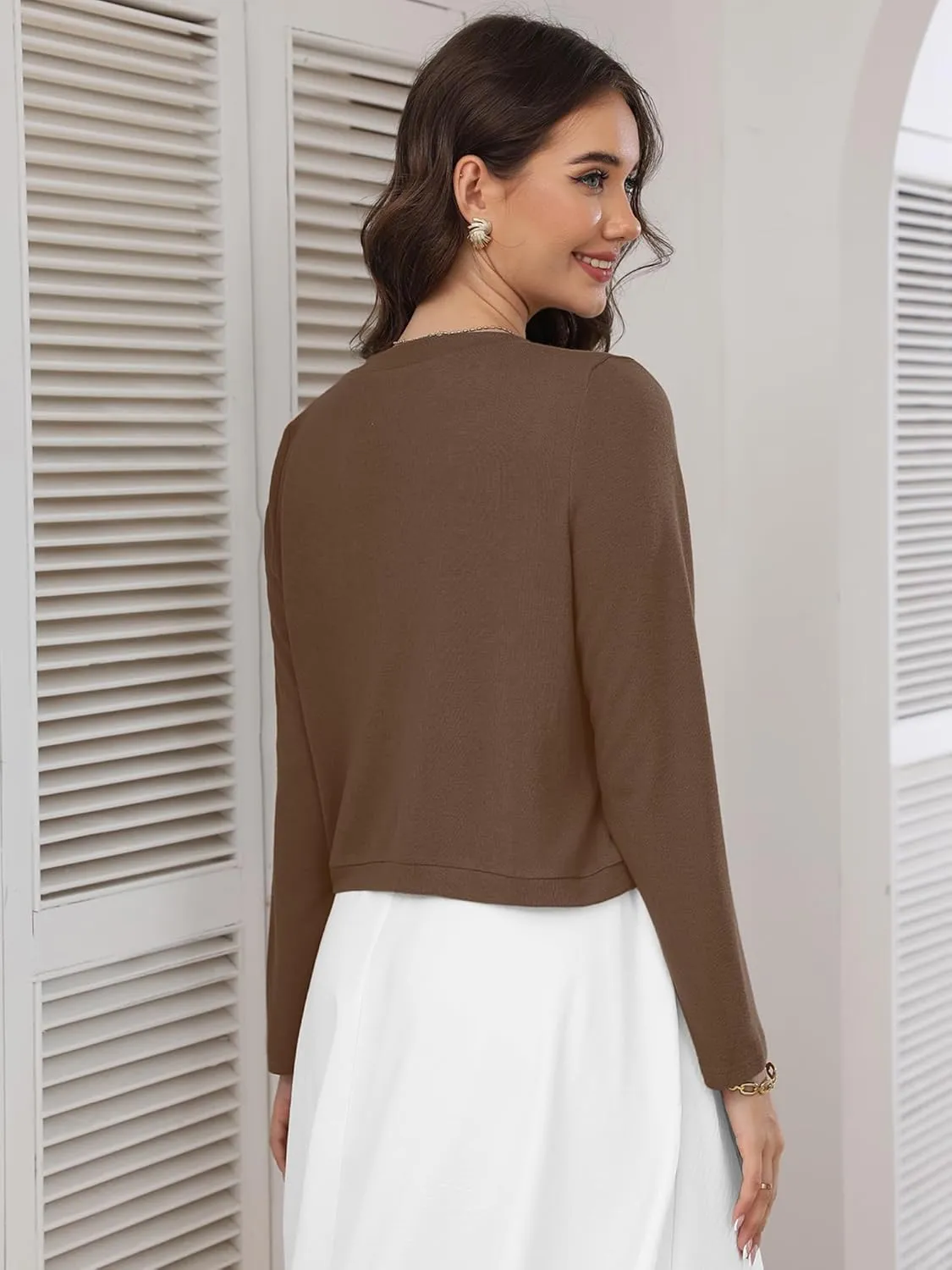 Heymoments Women's Long Sleeve Thin Kintted Shrugs Sweaters Lightweight Cropped Tops Open Front Cardigan for Dress