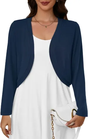 Heymoments Women's Long Sleeve Thin Kintted Shrugs Sweaters Lightweight Cropped Tops Open Front Cardigan for Dress