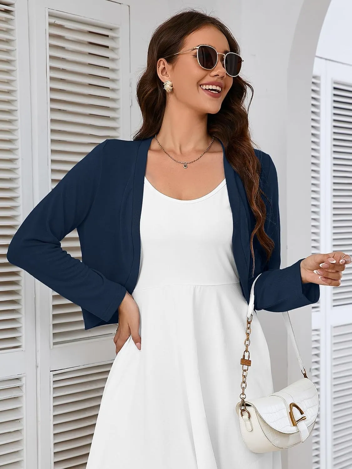 Heymoments Women's Long Sleeve Thin Kintted Shrugs Sweaters Lightweight Cropped Tops Open Front Cardigan for Dress