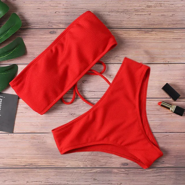 High Waist Strapless Sexy Bikini Pure Color Women Swimsuit Padded-Many colors available