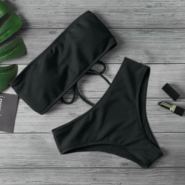 High Waist Strapless Sexy Bikini Pure Color Women Swimsuit Padded-Many colors available