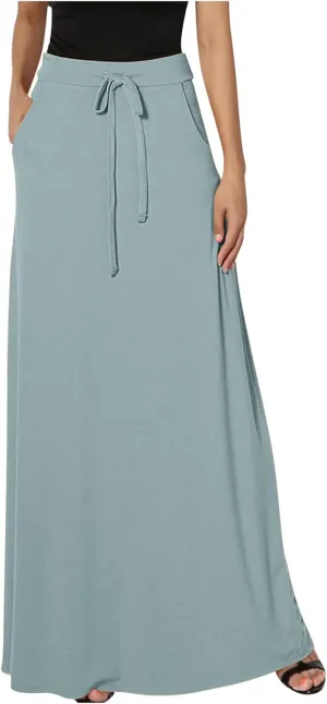 High Waisted Maxi Skirts for Women Lace Up Long Skirt Plus Size Summer Skirts Ankle Length Straight Skirt with Pocket