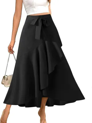 High Waisted Skirt for Women Ruffle Asymmetrical Hem Elastic Business Casual Skirts Tie Front Fishtail Maxi Skirts