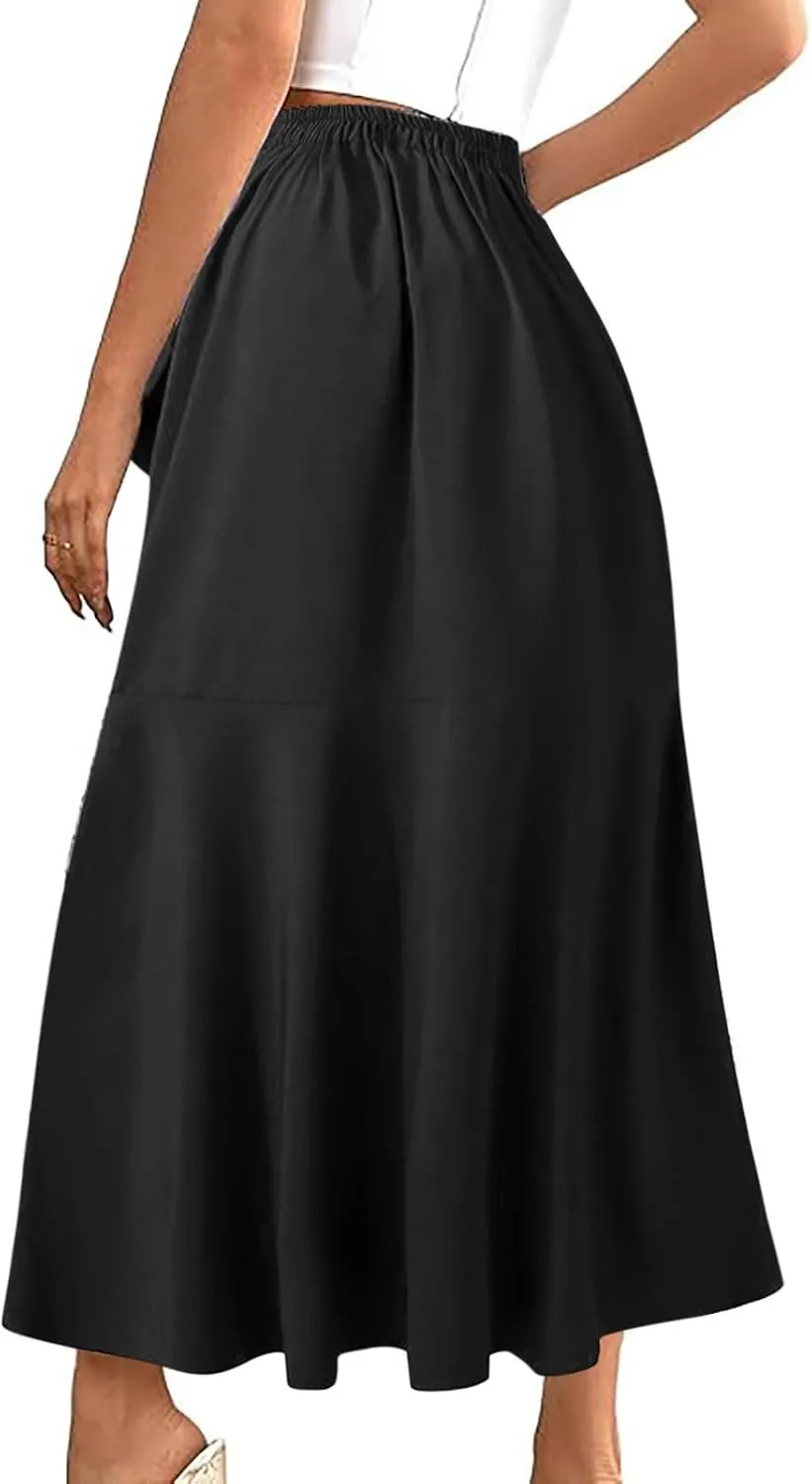 High Waisted Skirt for Women Ruffle Asymmetrical Hem Elastic Business Casual Skirts Tie Front Fishtail Maxi Skirts