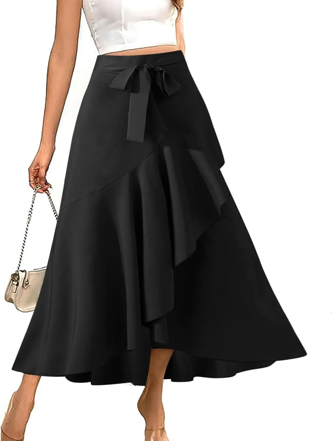 High Waisted Skirt for Women Ruffle Asymmetrical Hem Elastic Business Casual Skirts Tie Front Fishtail Maxi Skirts