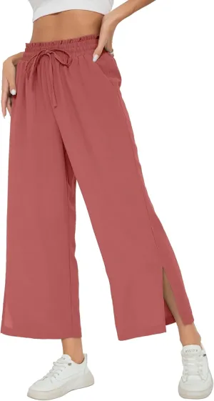 HIYIYEZI Womens Wide Leg Lounge Pants High Waisted Drawstring Casual Loose Palazzo Trousers with Pockets