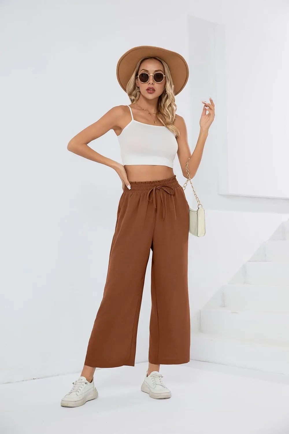 HIYIYEZI Womens Wide Leg Lounge Pants High Waisted Drawstring Casual Loose Palazzo Trousers with Pockets