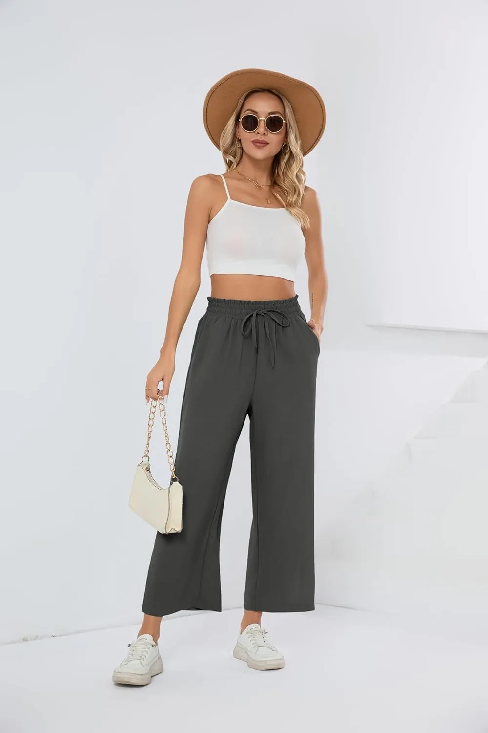 HIYIYEZI Womens Wide Leg Lounge Pants High Waisted Drawstring Casual Loose Palazzo Trousers with Pockets
