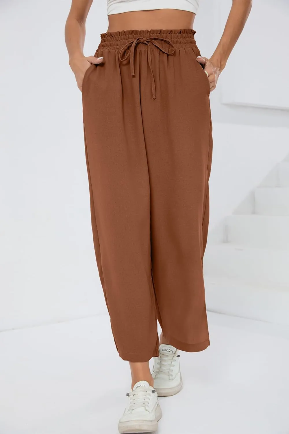 HIYIYEZI Womens Wide Leg Lounge Pants High Waisted Drawstring Casual Loose Palazzo Trousers with Pockets