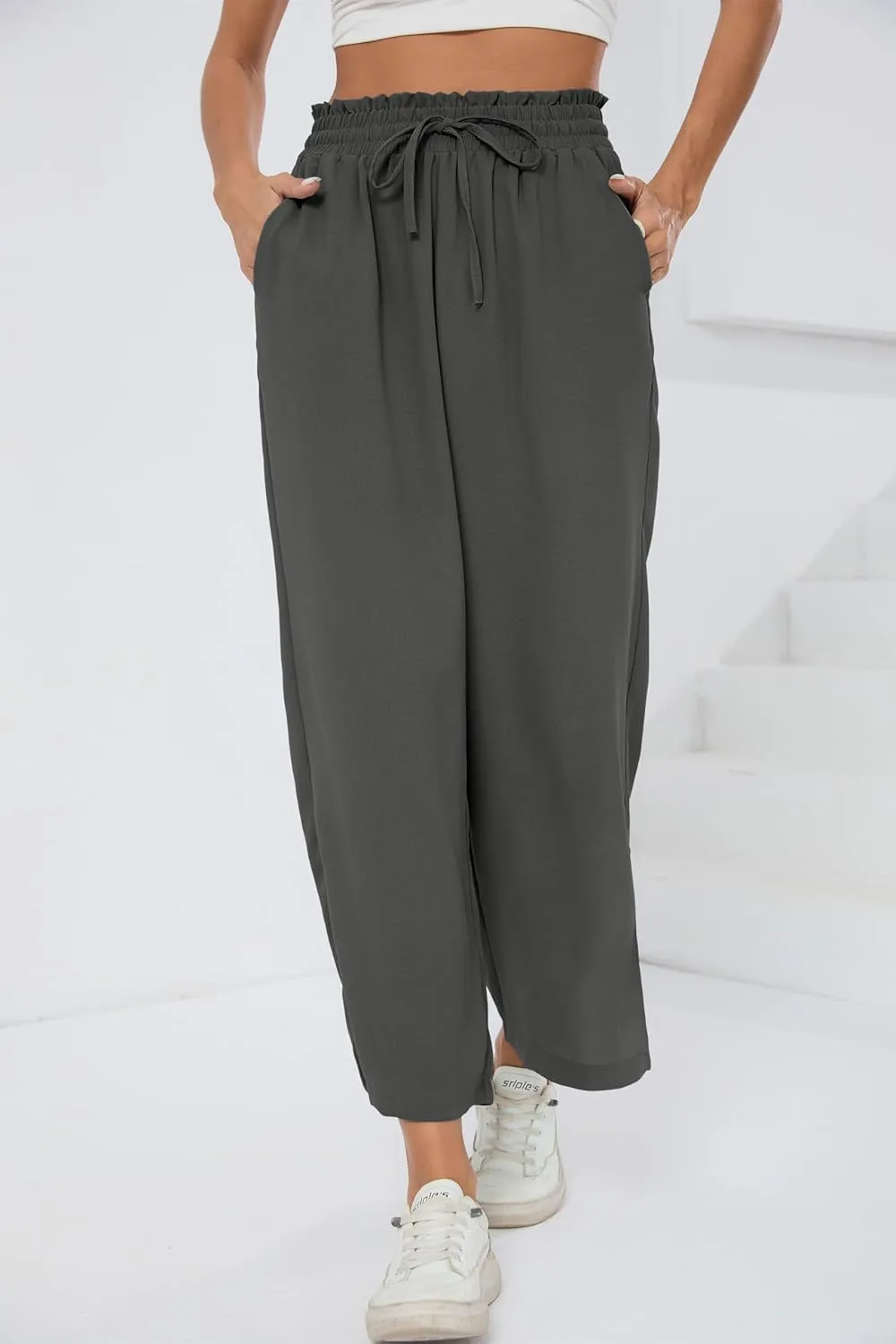 HIYIYEZI Womens Wide Leg Lounge Pants High Waisted Drawstring Casual Loose Palazzo Trousers with Pockets