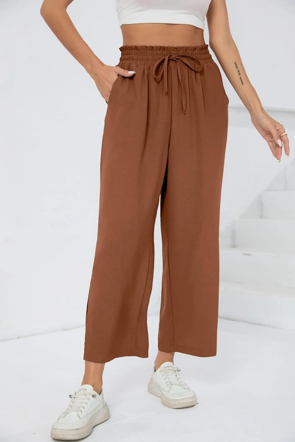 HIYIYEZI Womens Wide Leg Lounge Pants High Waisted Drawstring Casual Loose Palazzo Trousers with Pockets