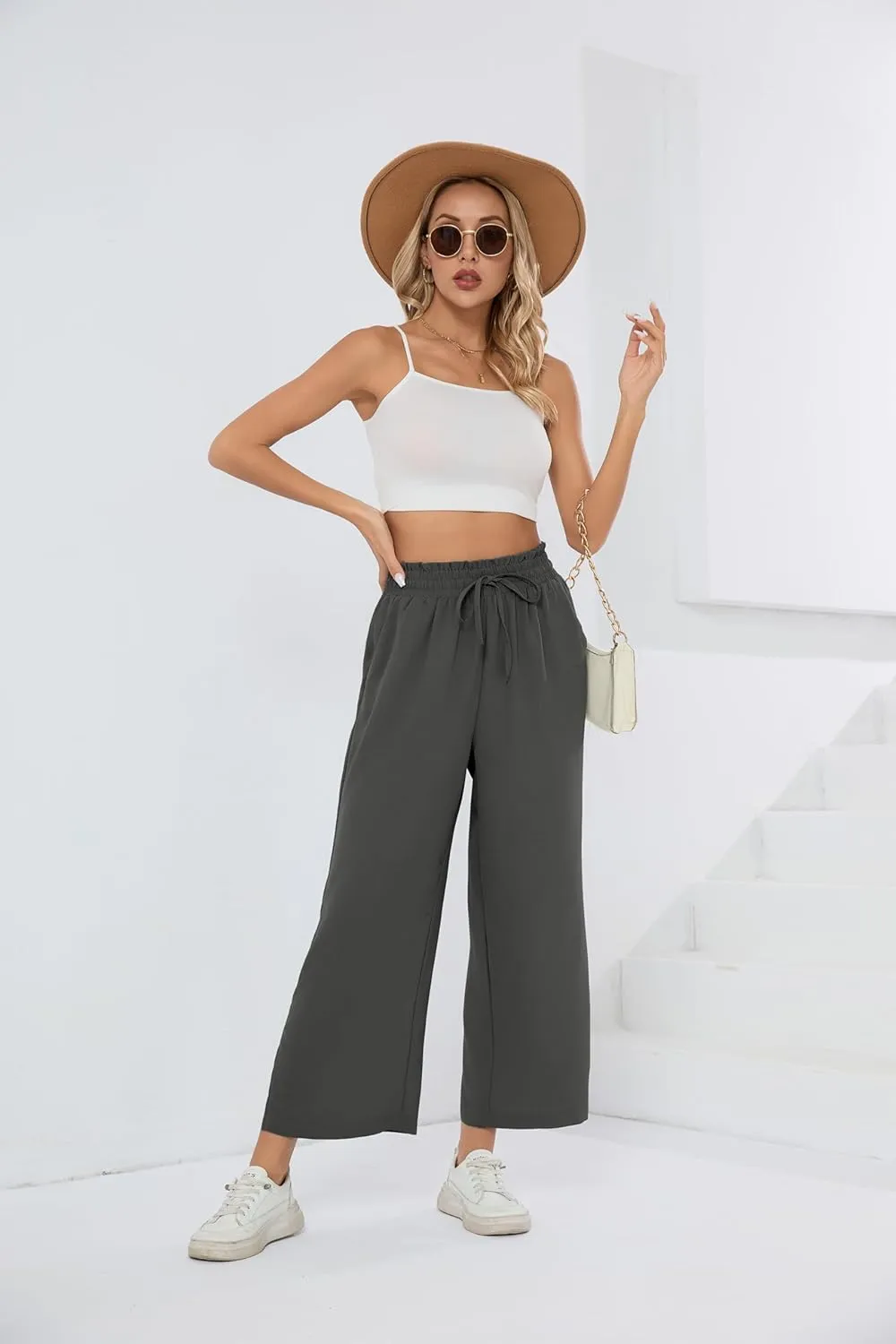 HIYIYEZI Womens Wide Leg Lounge Pants High Waisted Drawstring Casual Loose Palazzo Trousers with Pockets