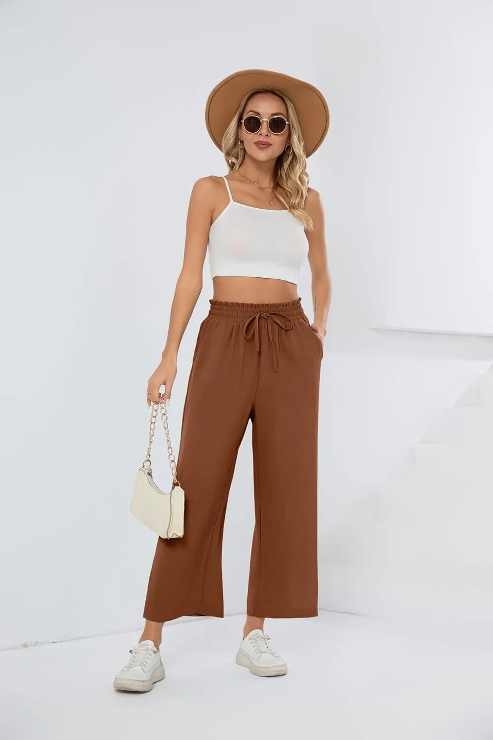 HIYIYEZI Womens Wide Leg Lounge Pants High Waisted Drawstring Casual Loose Palazzo Trousers with Pockets