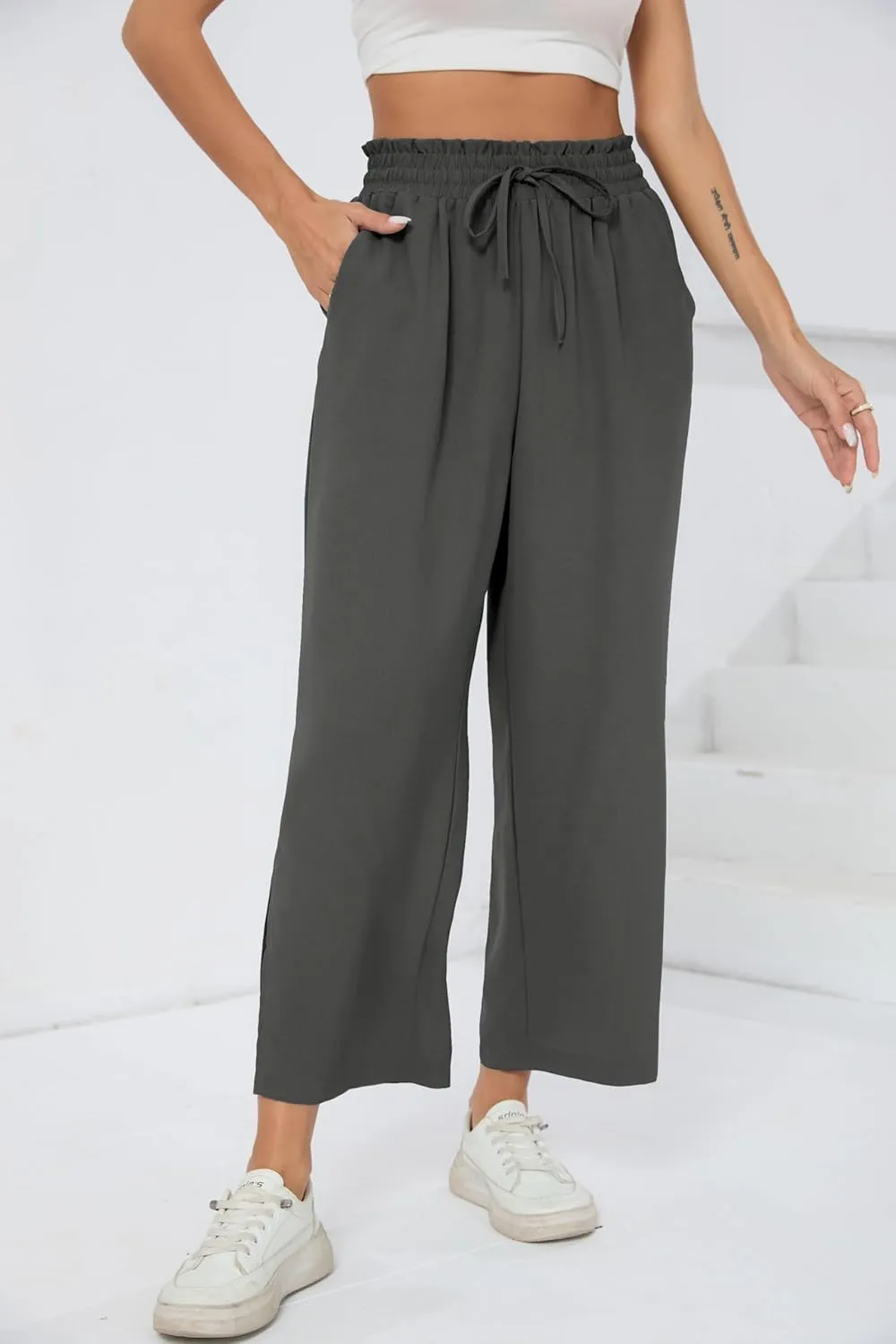HIYIYEZI Womens Wide Leg Lounge Pants High Waisted Drawstring Casual Loose Palazzo Trousers with Pockets