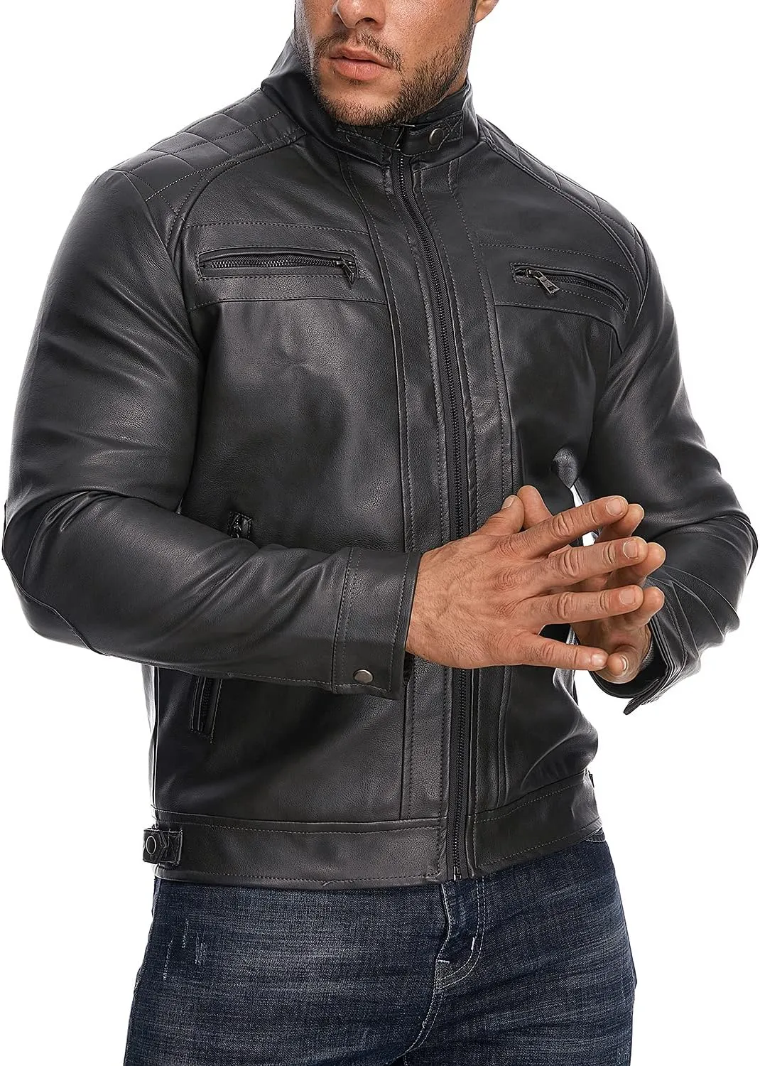HOOD CREW Mens Stand Collar Leather Jacket Casual Faux Leather Motorcycle Jacket Outerwear Coat with Zipper Pockets