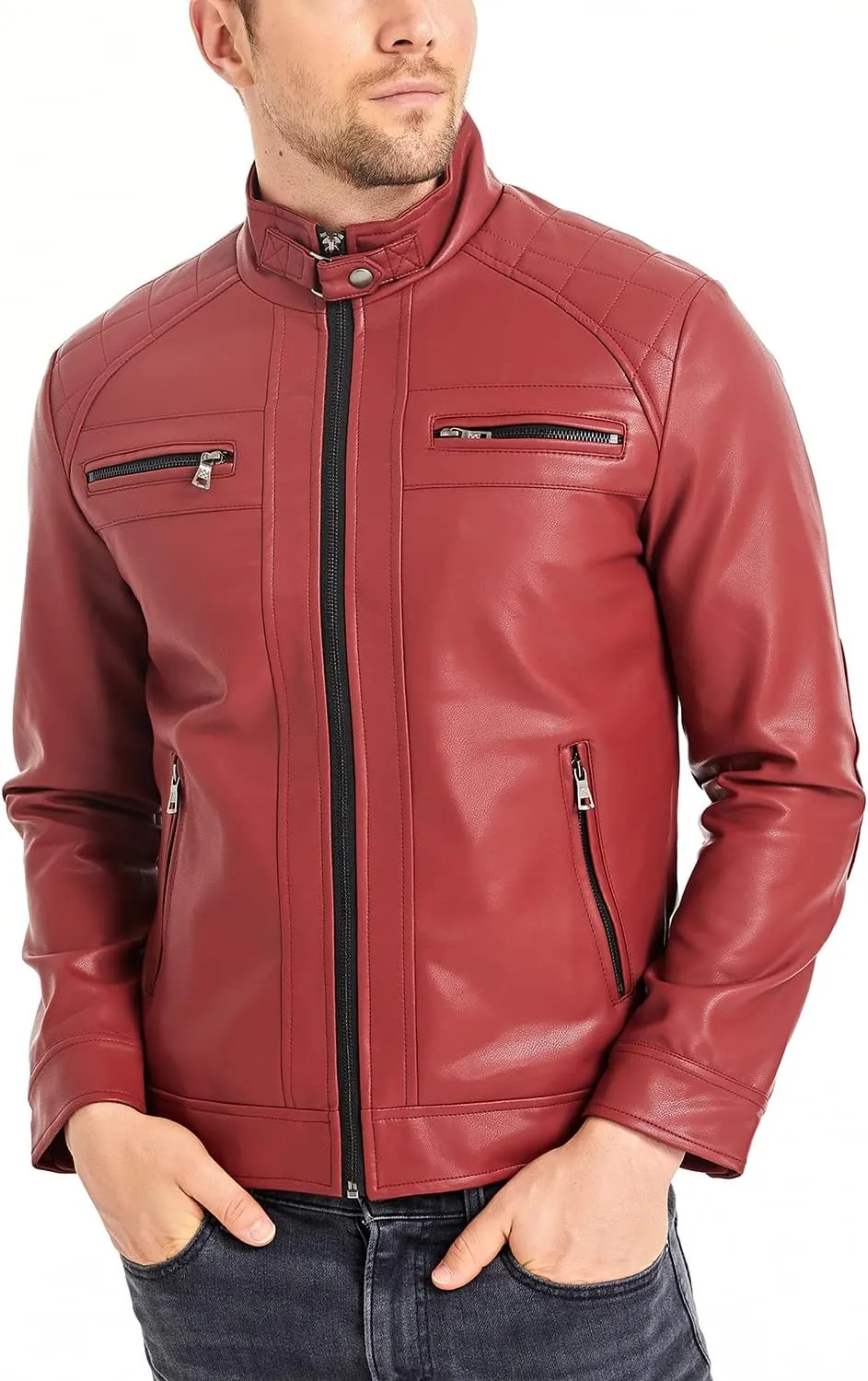 HOOD CREW Mens Stand Collar Leather Jacket Casual Faux Leather Motorcycle Jacket Outerwear Coat with Zipper Pockets