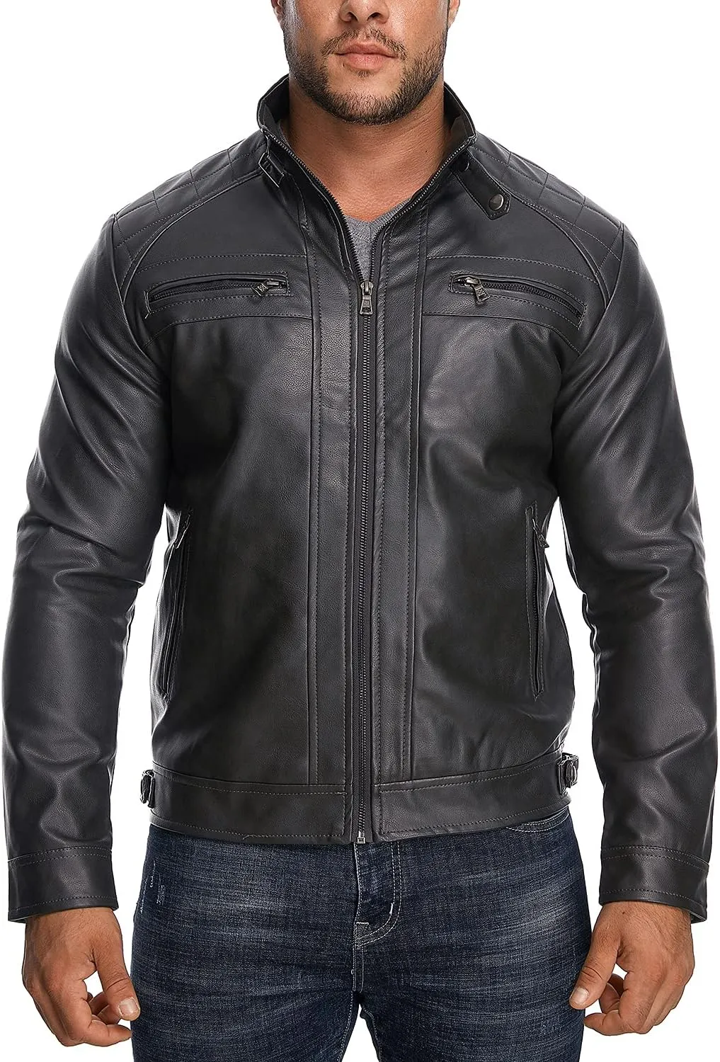 HOOD CREW Mens Stand Collar Leather Jacket Casual Faux Leather Motorcycle Jacket Outerwear Coat with Zipper Pockets