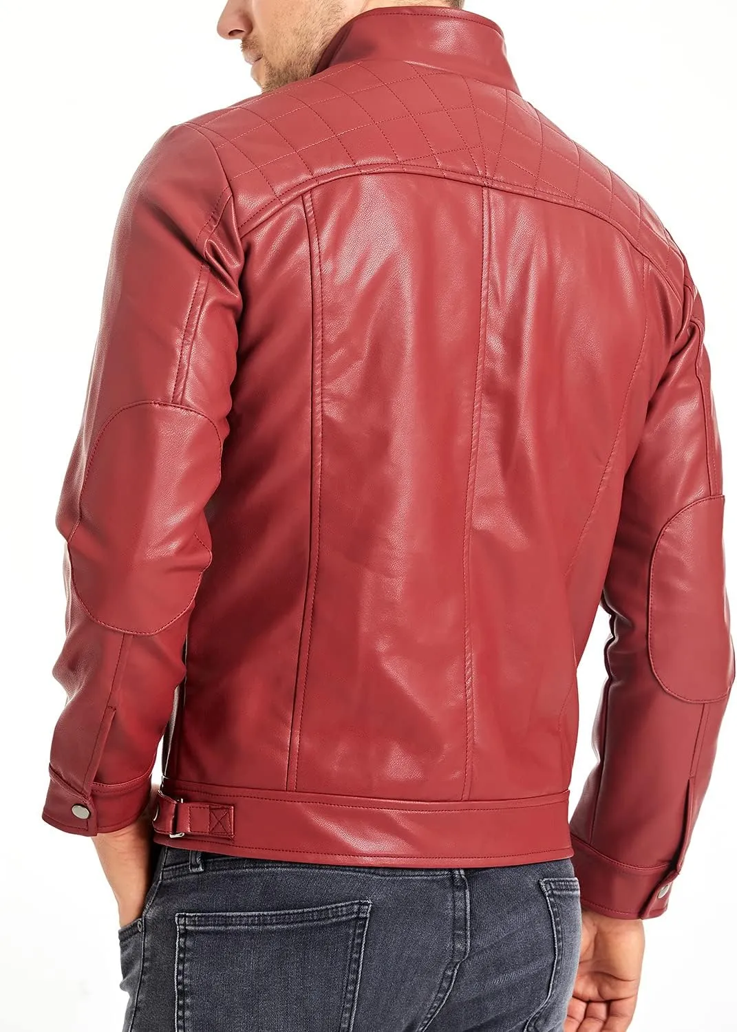 HOOD CREW Mens Stand Collar Leather Jacket Casual Faux Leather Motorcycle Jacket Outerwear Coat with Zipper Pockets