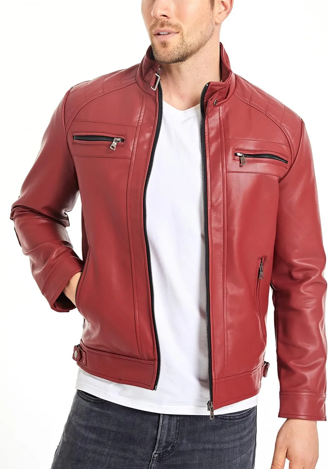 HOOD CREW Mens Stand Collar Leather Jacket Casual Faux Leather Motorcycle Jacket Outerwear Coat with Zipper Pockets