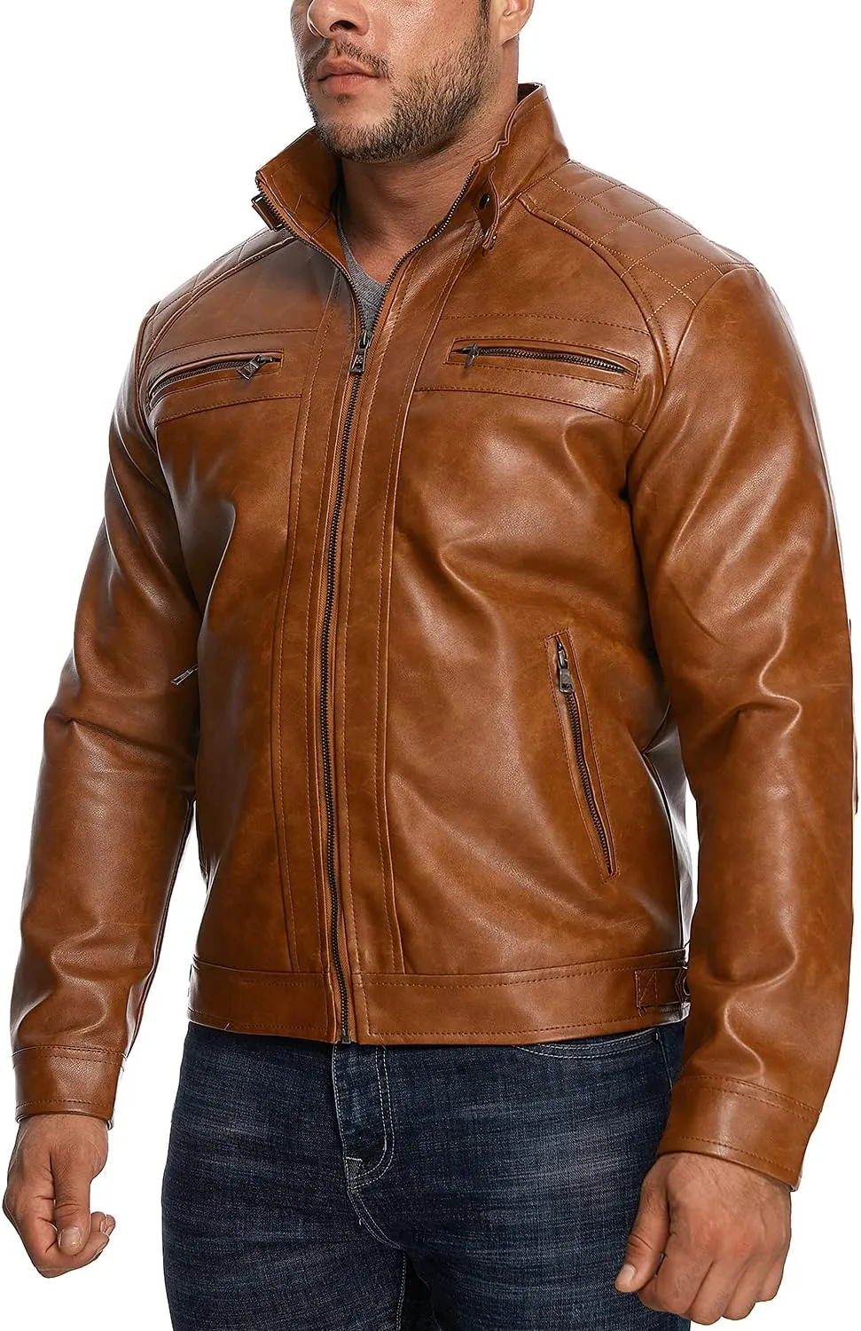 HOOD CREW Mens Stand Collar Leather Jacket Casual Faux Leather Motorcycle Jacket Outerwear Coat with Zipper Pockets