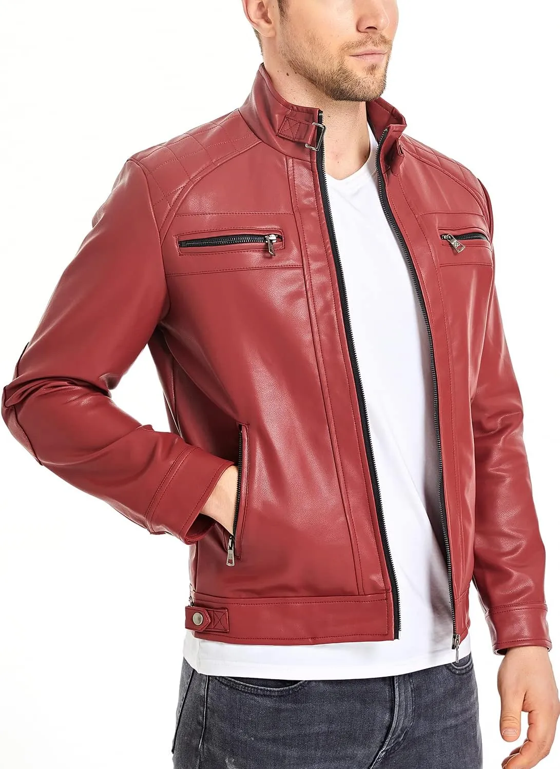 HOOD CREW Mens Stand Collar Leather Jacket Casual Faux Leather Motorcycle Jacket Outerwear Coat with Zipper Pockets