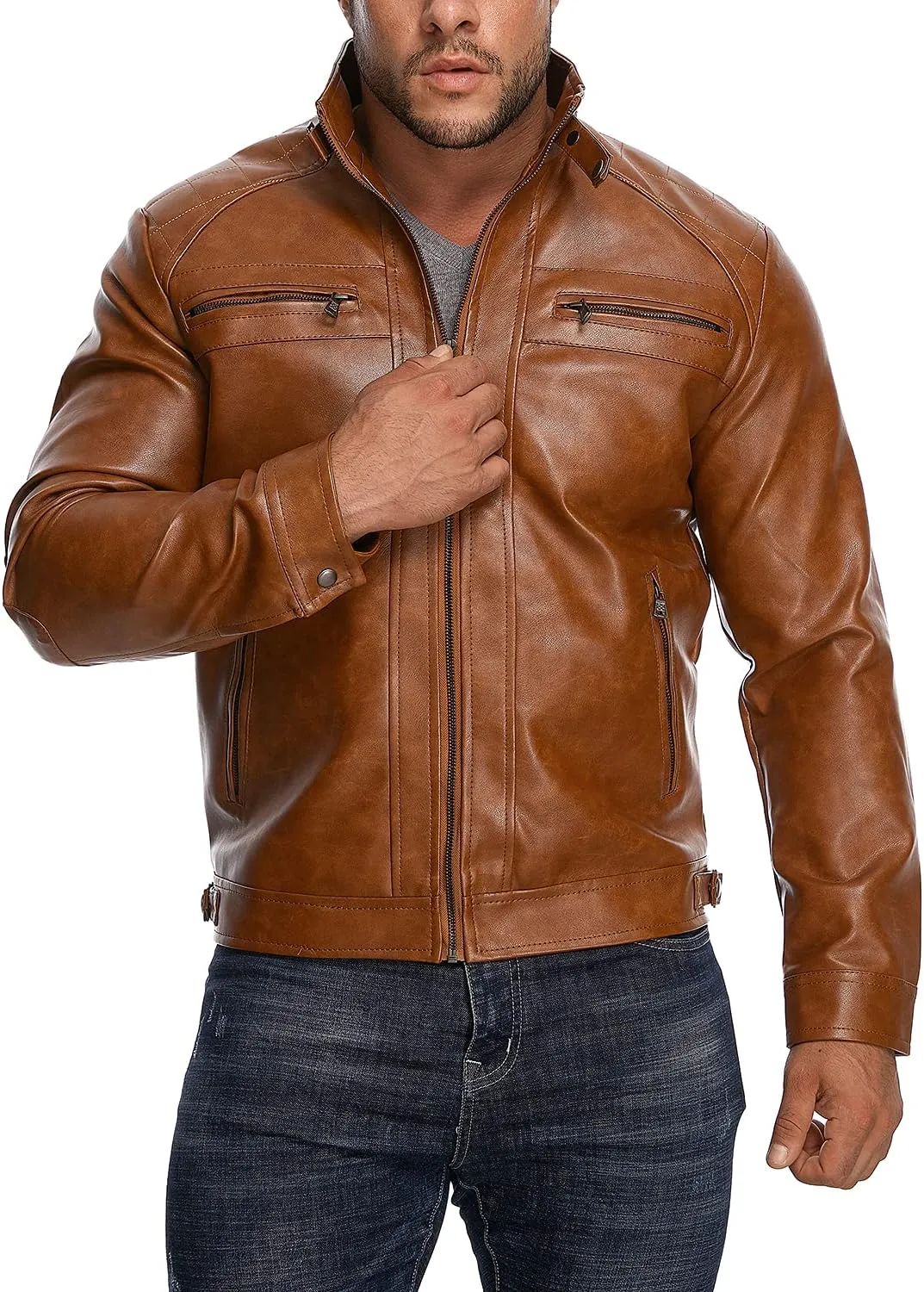 HOOD CREW Mens Stand Collar Leather Jacket Casual Faux Leather Motorcycle Jacket Outerwear Coat with Zipper Pockets