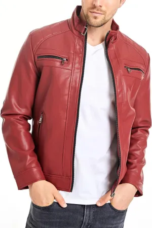 HOOD CREW Mens Stand Collar Leather Jacket Casual Faux Leather Motorcycle Jacket Outerwear Coat with Zipper Pockets