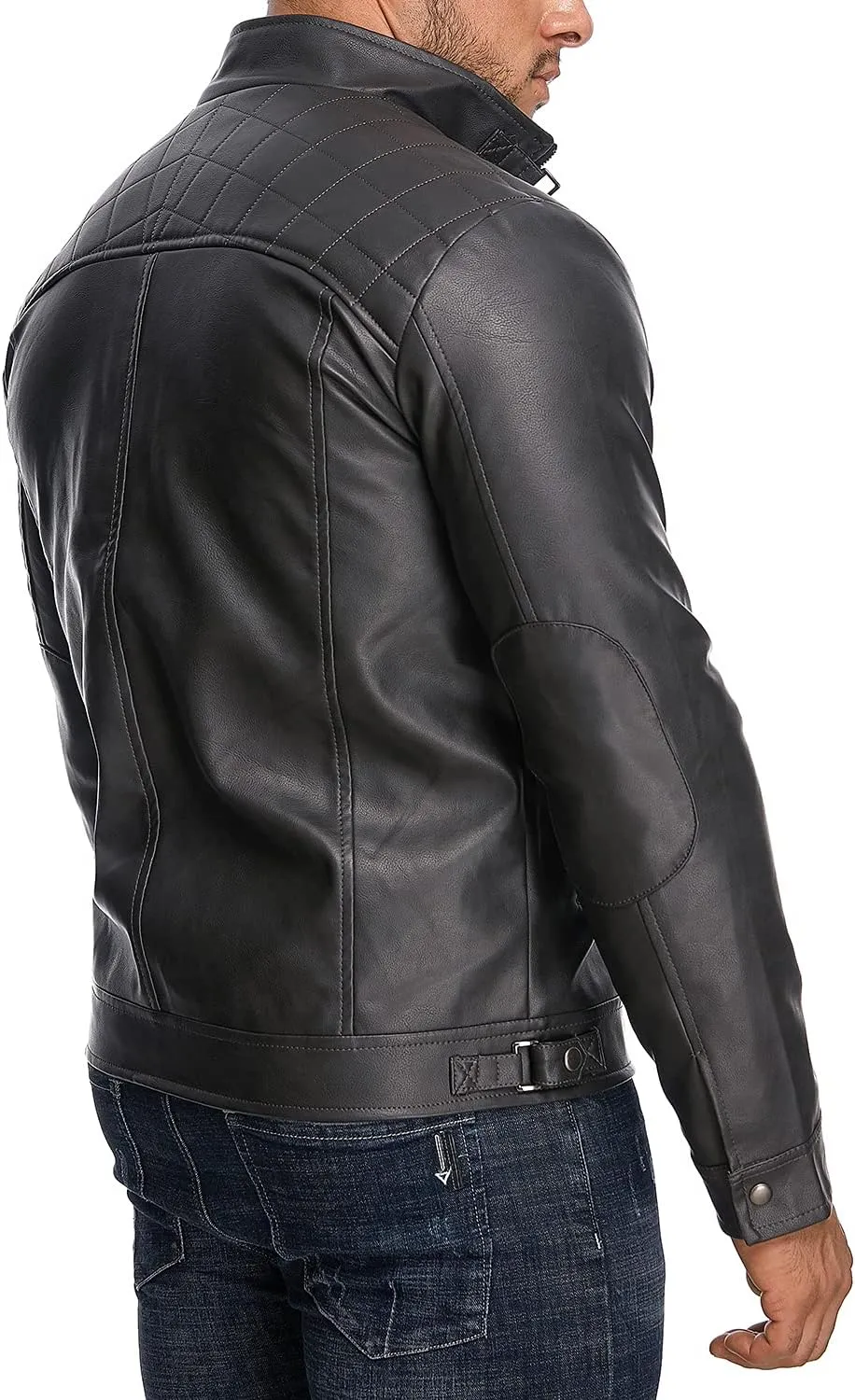 HOOD CREW Mens Stand Collar Leather Jacket Casual Faux Leather Motorcycle Jacket Outerwear Coat with Zipper Pockets