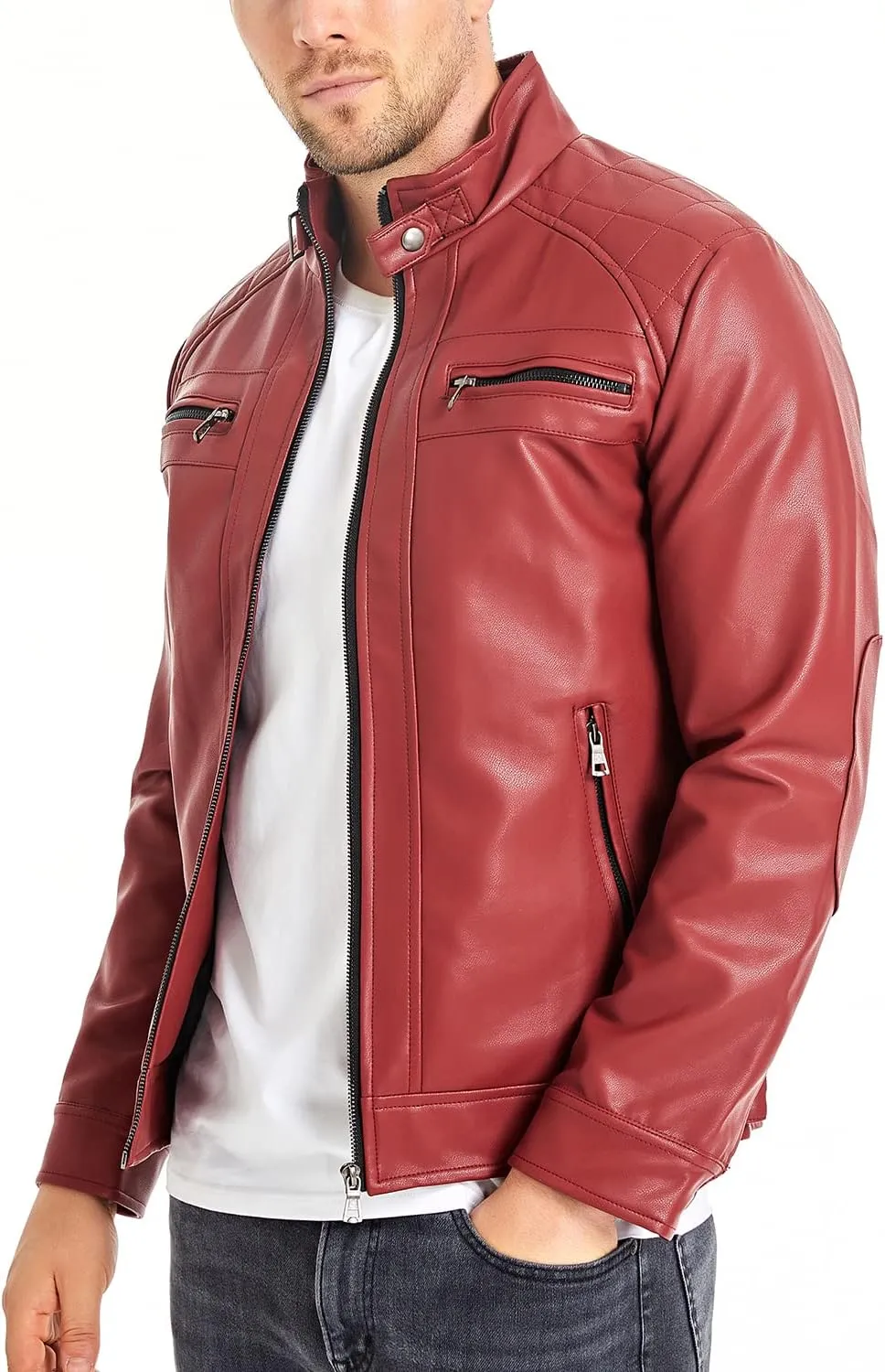 HOOD CREW Mens Stand Collar Leather Jacket Casual Faux Leather Motorcycle Jacket Outerwear Coat with Zipper Pockets