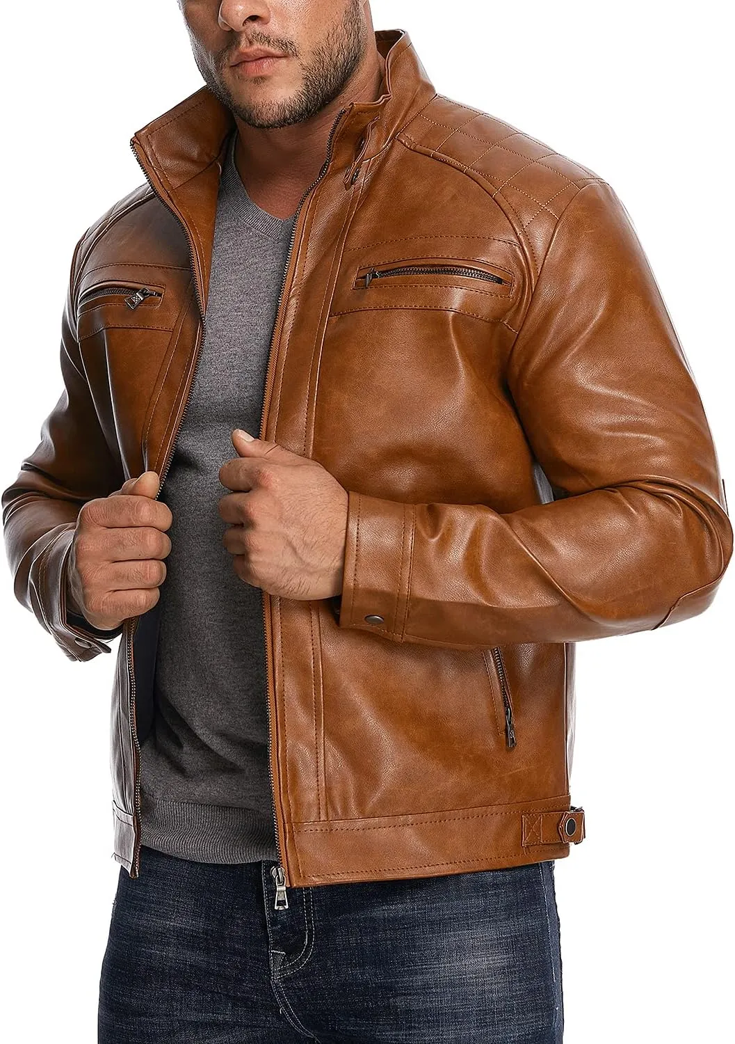 HOOD CREW Mens Stand Collar Leather Jacket Casual Faux Leather Motorcycle Jacket Outerwear Coat with Zipper Pockets