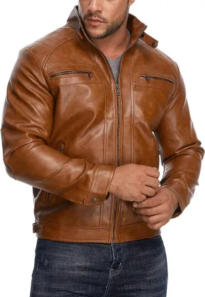 HOOD CREW Mens Stand Collar Leather Jacket Casual Faux Leather Motorcycle Jacket Outerwear Coat with Zipper Pockets