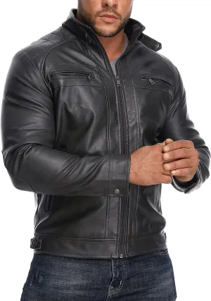 HOOD CREW Mens Stand Collar Leather Jacket Casual Faux Leather Motorcycle Jacket Outerwear Coat with Zipper Pockets